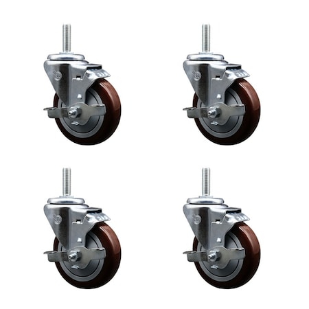 Service Caster 4 Inch Maroon Polyurethane Wheel Swivel 58 Inch Threaded Stem Caster Set with Brake SCC SCC-TS20S414-PPUB-MRN-TLB-58212-4